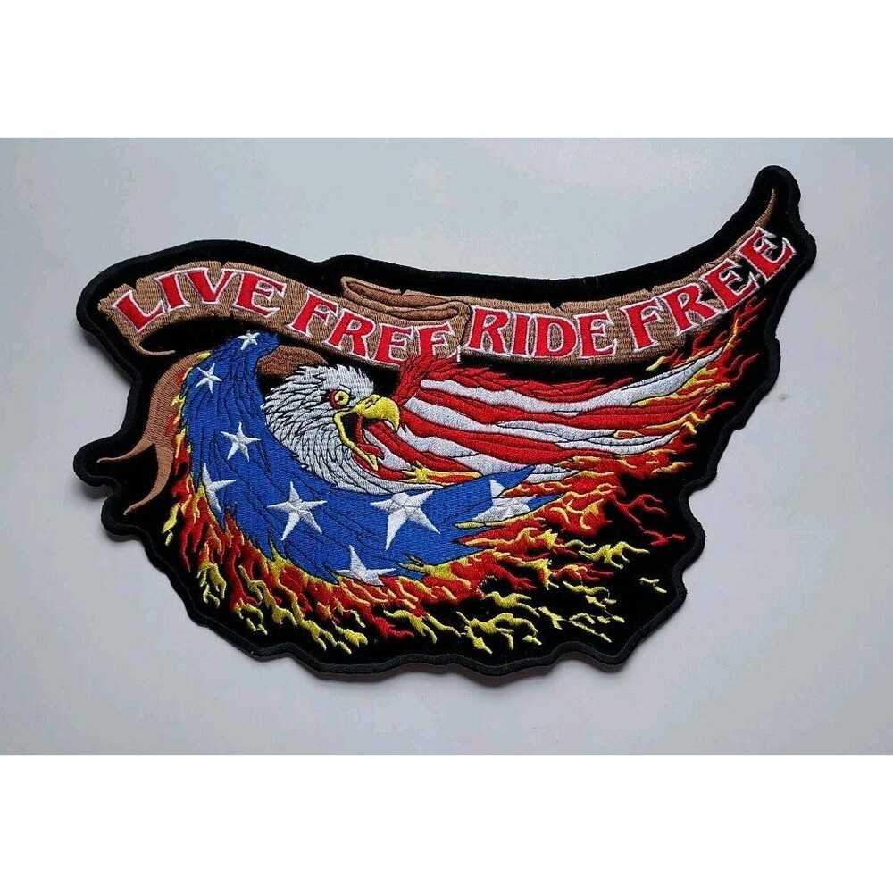 Motorcycle Patch "Live Free Ride Free" Iron On Biker 12” Eagle Flag USA